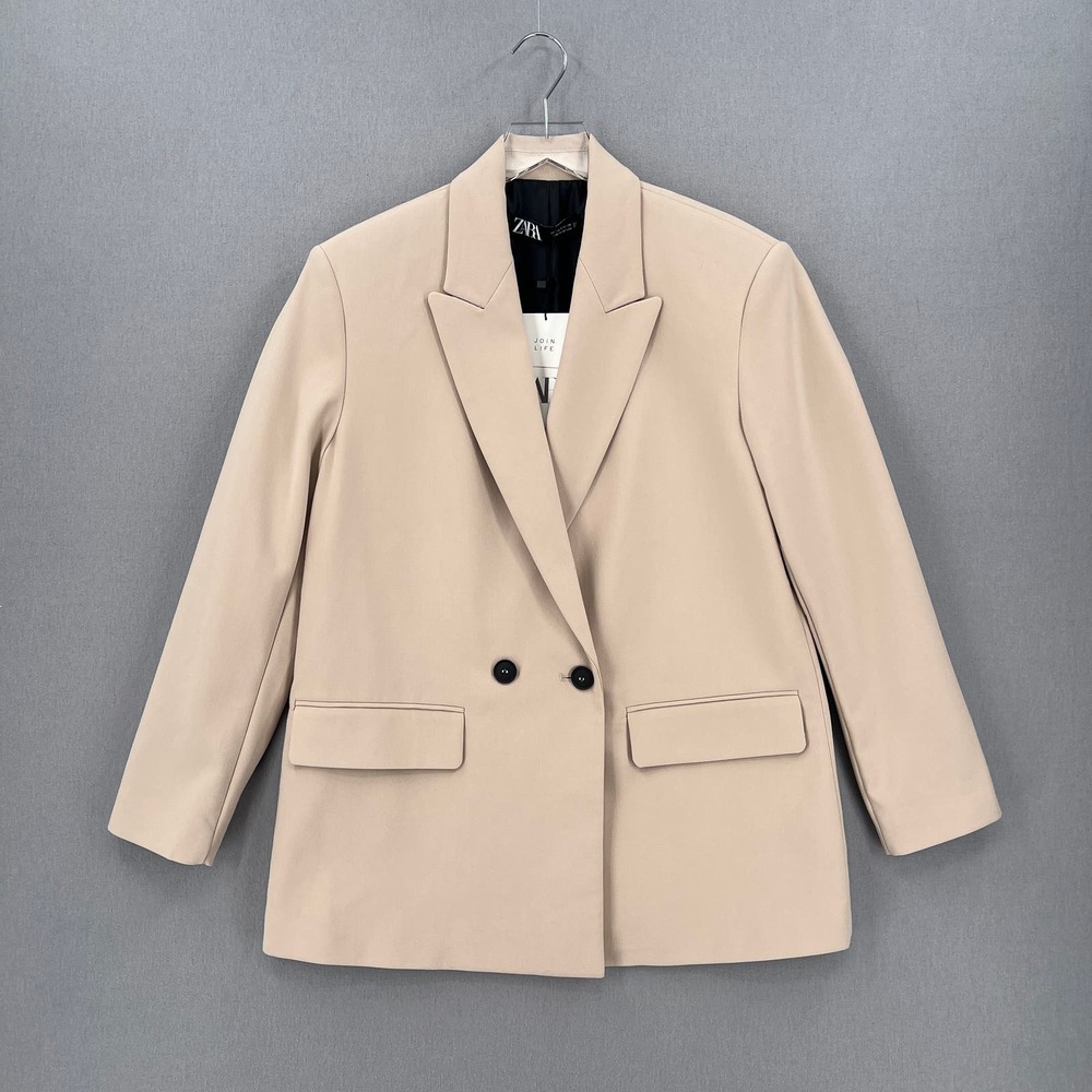 ZARA Oversized Double Breasted Blazer Womens Small Tan Long Sleeve Peaked Lapel - Picture 4 of 16